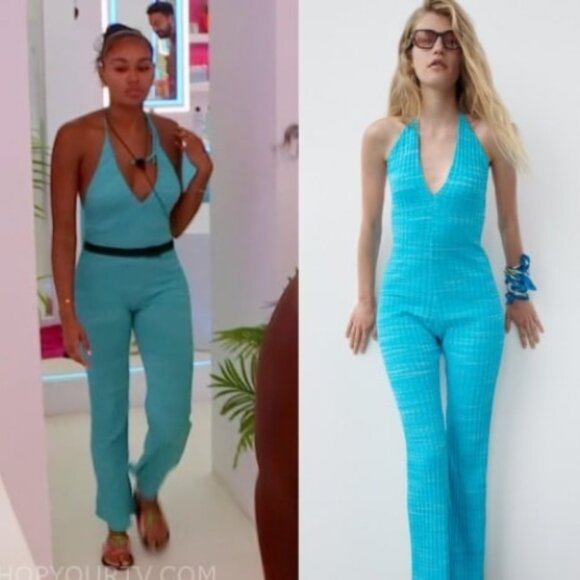 NEW ZARA Turquoise Ribbed Knit Bell-Leg Cotton Blend Jumpsuit/Overall- Blog Fav - Picture 9 of 16